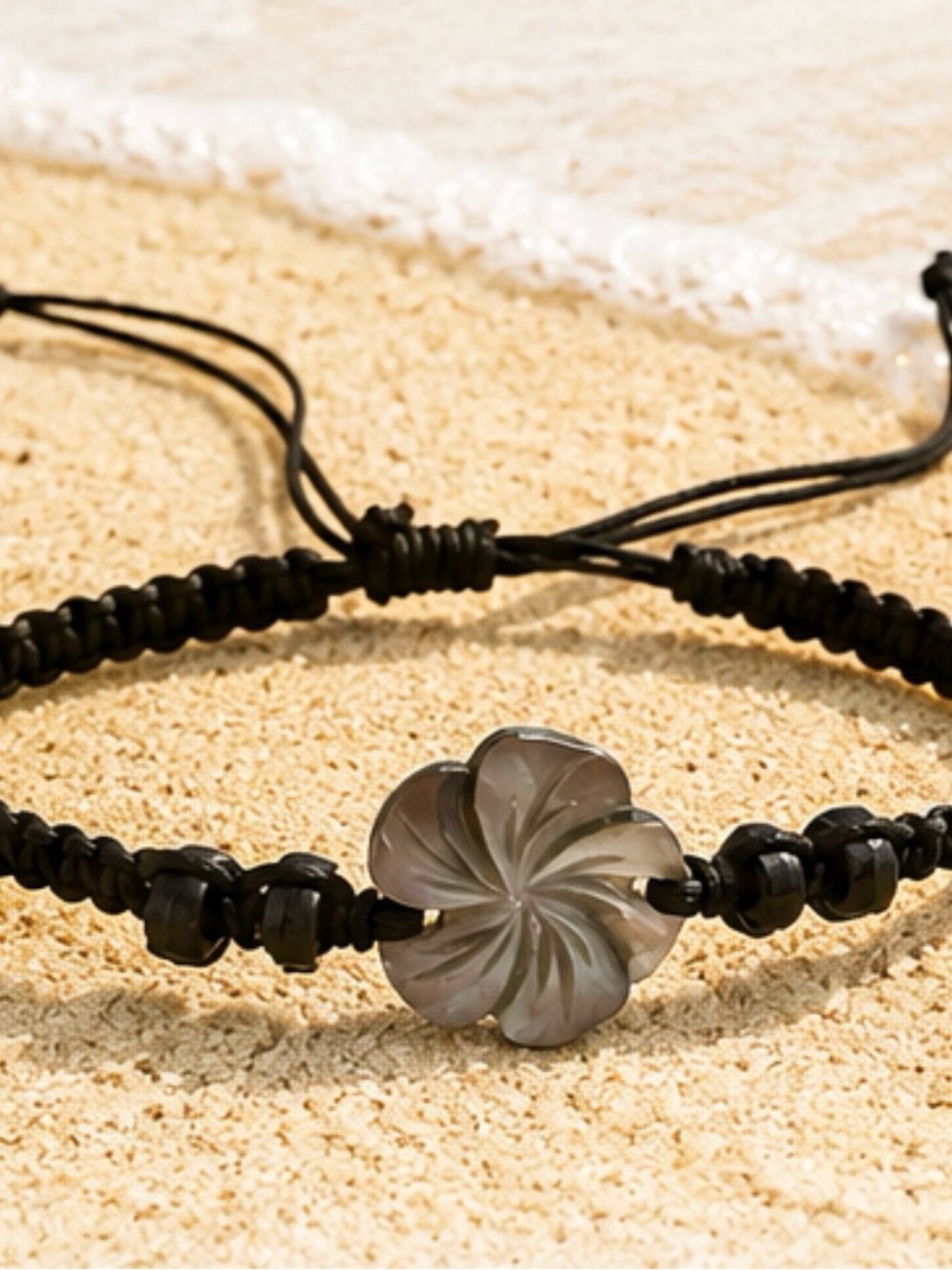 Women’s Caligirl Adjustable Black Cord Bracelet with Floral Shell Accent, nwt